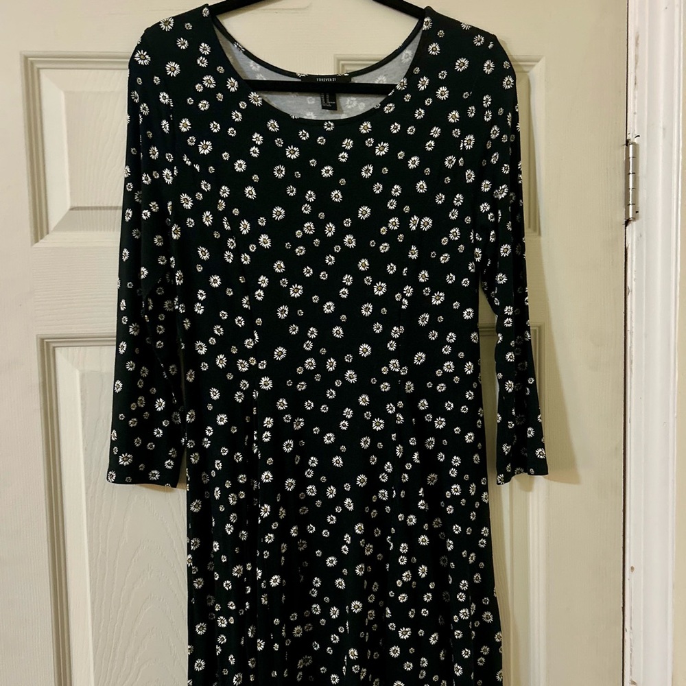 VINTAGE BLACK DAISY 3/4 SLEEVE SKATER DRESS 90S